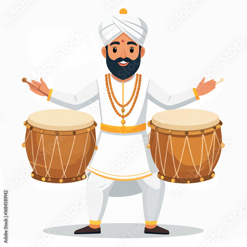 A cheerful man in traditional attire plays two drums with sticks, smiling.