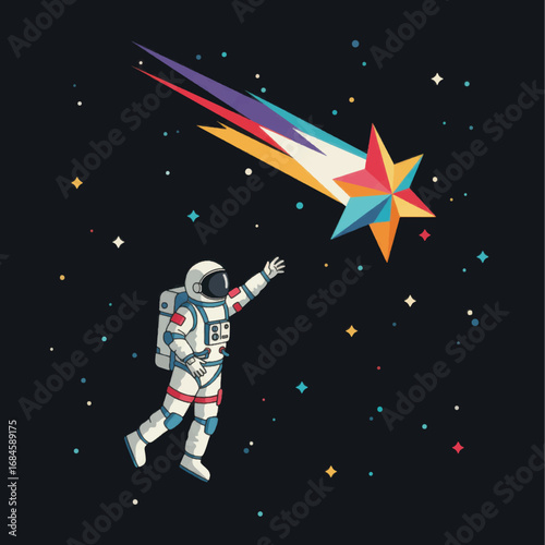 Astronaut reaching for a colorful geometric star comet in starry space