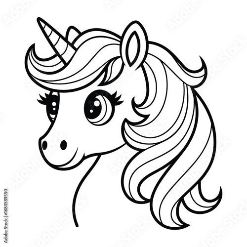 Charming black and white illustration of a cute unicorn head with flowing mane