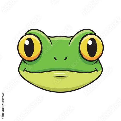 Cute cartoon frog head with big yellow eyes, smiling face vector illustration