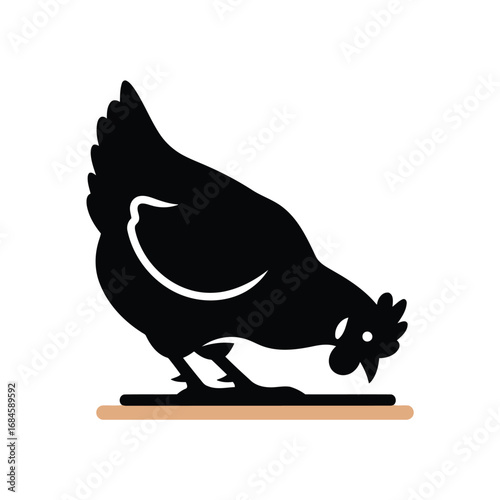 Minimalist black silhouette of a pecking hen on a white background
