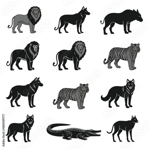 Collection of Majestic Wild Animals Including Lions, Tigers, Wolves, and an Alligator