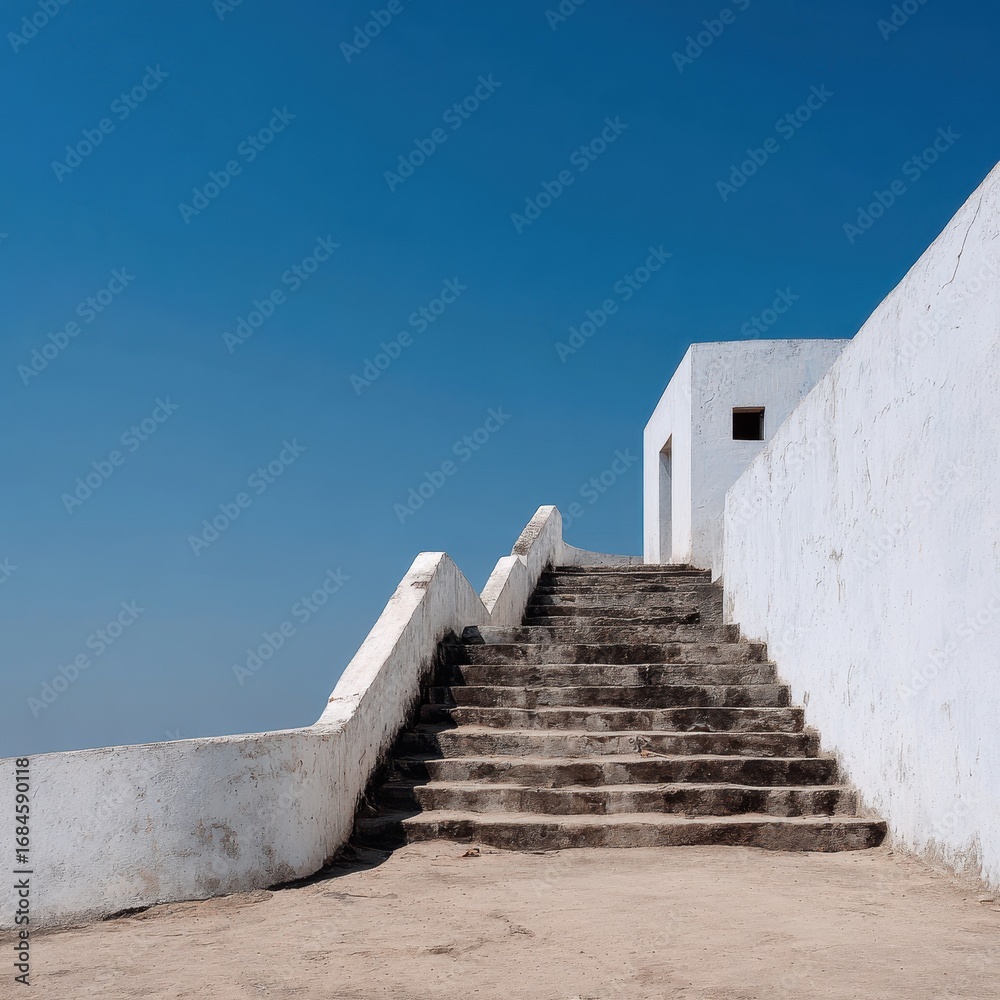 Fototapeta premium Whitewashed stone staircase ascends against a vibrant blue sky, showcasing weathered steps and a minimalist architectural design.