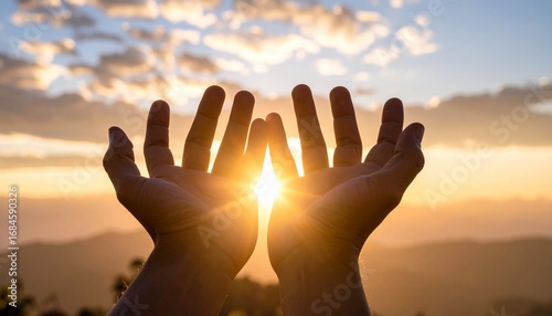 Sunrise Hope: Hands Raised in Gratitude towards the Golden Horizon