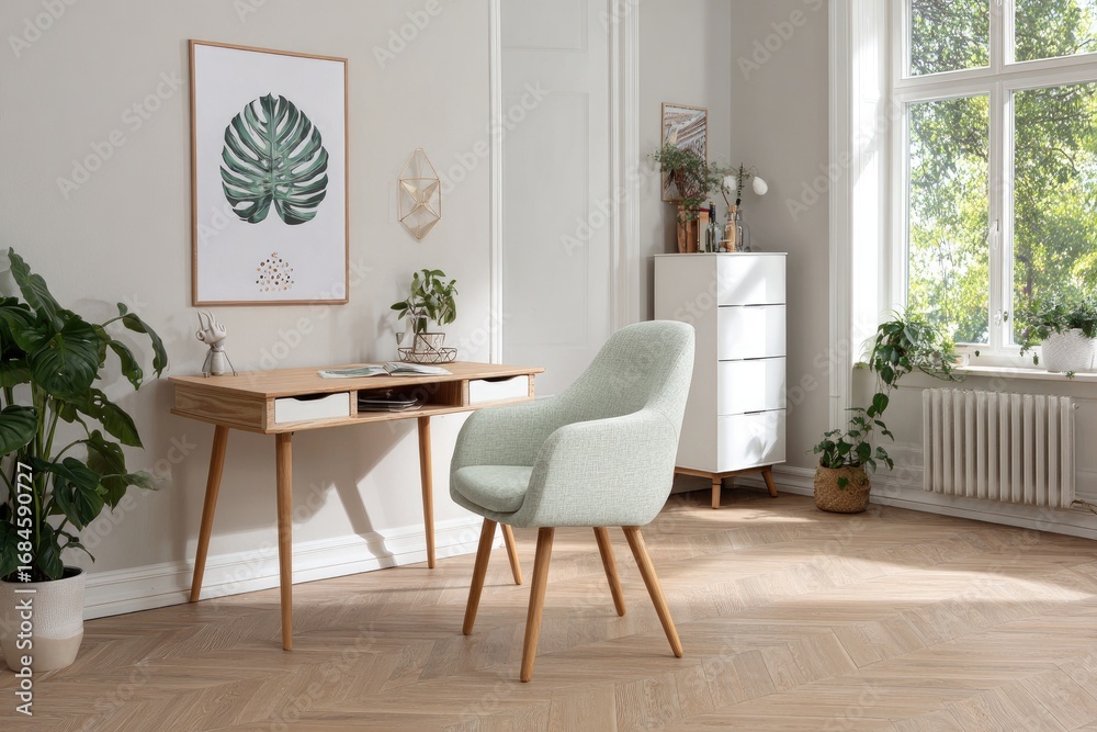 Fototapeta premium Light wooden desk and chair set in a bright room.