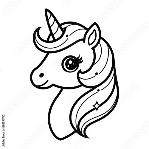 Charming outline of a unicorn head with flowing mane and twinkling stars
