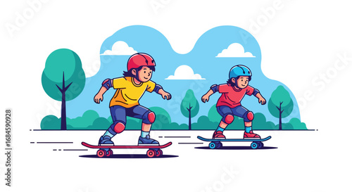 Adobe illustrator artwork vector illustration of two boys skateboarding outdoors. Kids enjoying a fun, active sport in a park setting, rendered in a clean, flat cartoon style