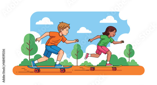 Adobe illustrator artwork vector illustration of two boys skateboarding outdoors. Kids enjoying a fun, active sport in a park setting, rendered in a clean, flat cartoon style