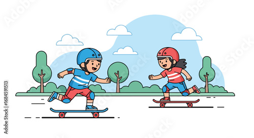 Adobe illustrator artwork vector illustration of two boys skateboarding outdoors. Kids enjoying a fun, active sport in a park setting, rendered in a clean, flat cartoon style