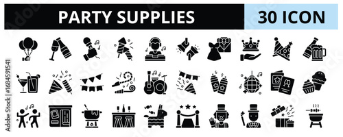 30 Party Supplies Glyph Icons Vector - Fireworks, Spotlight, Crown, Cocktail, Invitation, Dance, Photo booth, Party Decoration