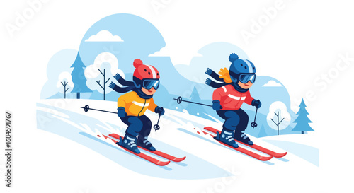 Adobe illustrator artwork vector illustration. Two cheerful children skiing down a snowy mountain slope, enjoying winter sports and outdoor adventure. Ideal for themes of recreation, cold weather fun