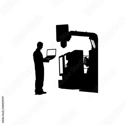 Operator using laptop near cnc machine industrial design concept