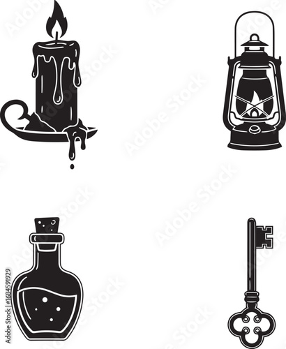 Mystic Essentials Icon Set – Melting Candle, Oil Lantern, Potion Bottle, Vintage Key for Magical & Gothic Designs