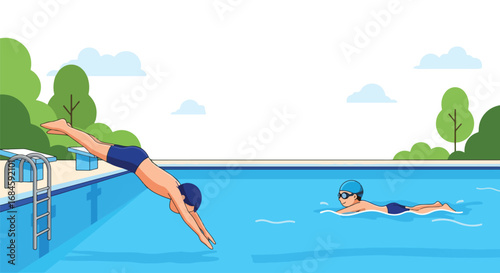 Adobe illustrator artwork vector illustration of cheerful boys swimming and jumping into a pool. Fun summer water activity for children in a vibrant, flat cartoon style