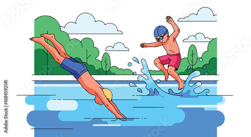 Adobe illustrator artwork vector illustration of cheerful boys swimming and jumping into a pool. Fun summer water activity for children in a vibrant, flat cartoon style