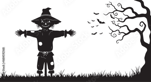 Haunted Field Icon – Scarecrow, Twisted Tree, Flying Bats for Spooky Halloween & Autumn Designs