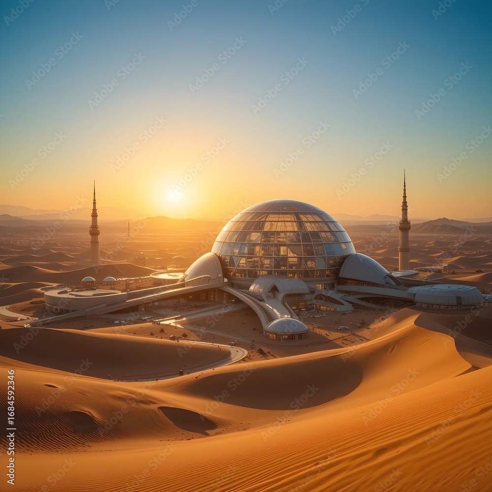 Obraz premium Futuristic dome structure in a desert landscape at sunset with towers