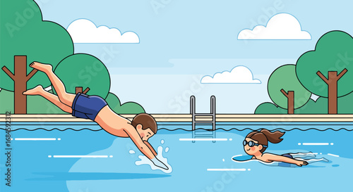 Adobe illustrator artwork vector illustration of cheerful boys swimming and jumping into a pool. Fun summer water activity for children in a vibrant, flat cartoon style