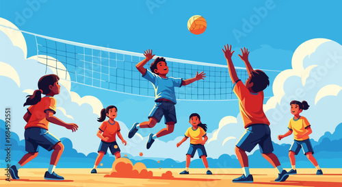 Adobe illustrator artwork vector illustration of happy kids playing beach volleyball. Fun summer sport activity for children. Team game on the sand in a flat cartoon style
