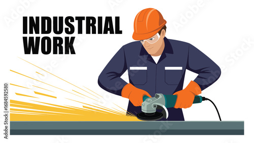 Industrial worker grinding metal with sparks illustration