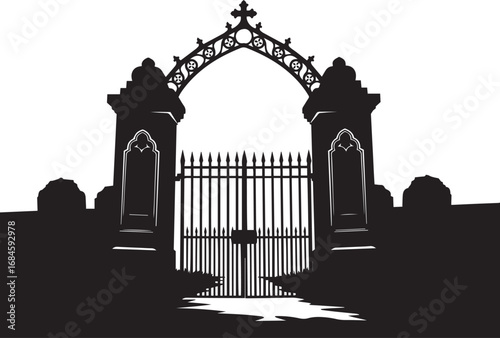 Haunted Gate Icon – Gothic Cemetery Entrance with Spiked Ironwork and Cross for Halloween & Horror Themes