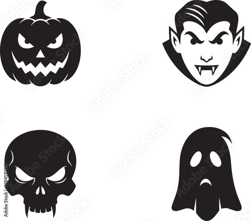 Halloween Faces Icon Set – Jack-o'-Lantern, Vampire, Skull, Ghost Silhouettes for Spooky & Festive Designs