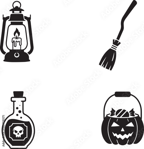 Halloween Essentials Icon Set – Lantern, Witch Broom, Poison Potion, Candy Pumpkin for Spooky & Festive Designs