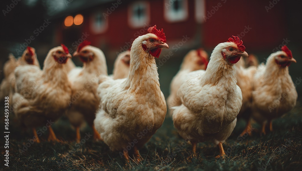 Fototapeta premium Flock of light-beige chickens in a rural setting