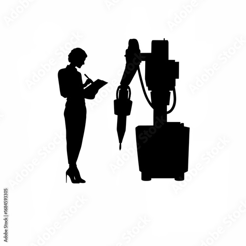 Operator taking notes beside cnc machine silhouette on white background