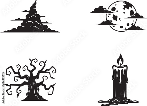 Atmospheric Halloween Icon Set – Storm Cloud, Full Moon, Haunted Tree, Melting Candle for Spooky Night Themes