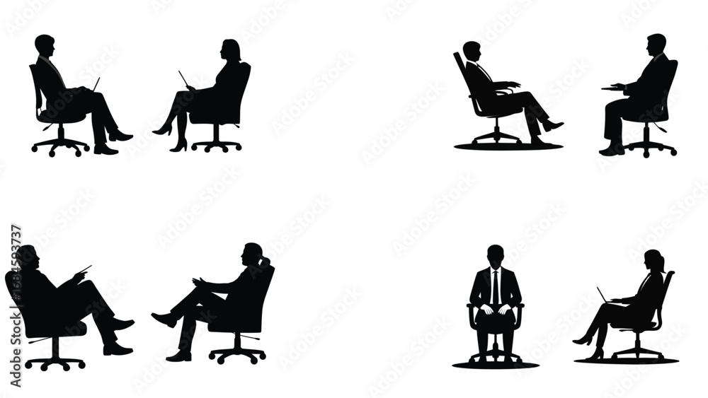 Fototapeta premium Silhouette business people sitting in chairs and working on laptops