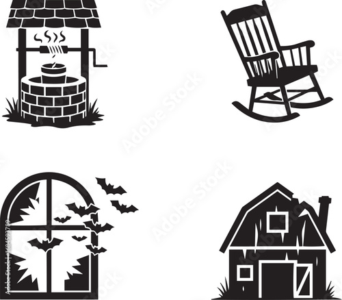 Haunted Homestead Icon Set – Boiling Well, Rocking Chair, Broken Window, Abandoned House for Spooky Halloween Designs