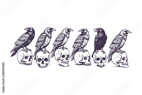 Group of ravens perched on human skulls, hand-drawn vector illustration