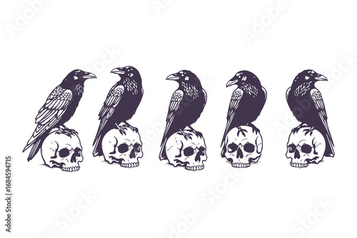 Group of ravens perched on human skulls, hand-drawn vector illustration
