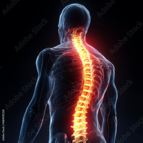 Glowing human spine with visible vertebrae and muscle detail