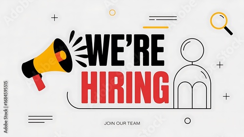 Were hiring announcement isolated on white background, showcasing a megaphone and a person icon, signaling an open position and the chance to join a thriving organization