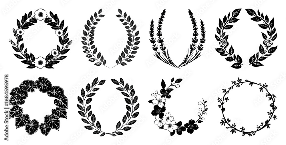 Obraz premium PNG Elegant black floral wreaths vector, element set on transparent background