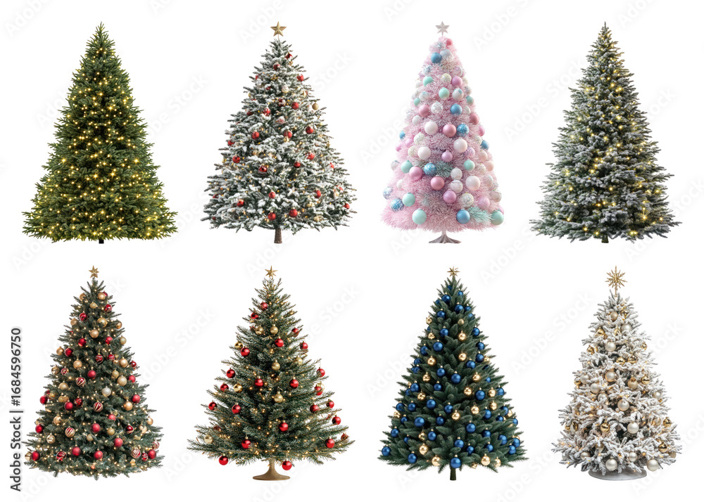Obraz premium PNG Diverse festive Christmas trees display, element set on transparent background