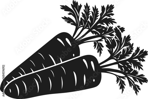 Two Carrots with Bushy Green Tops Silhouette on White Background Simple Icon