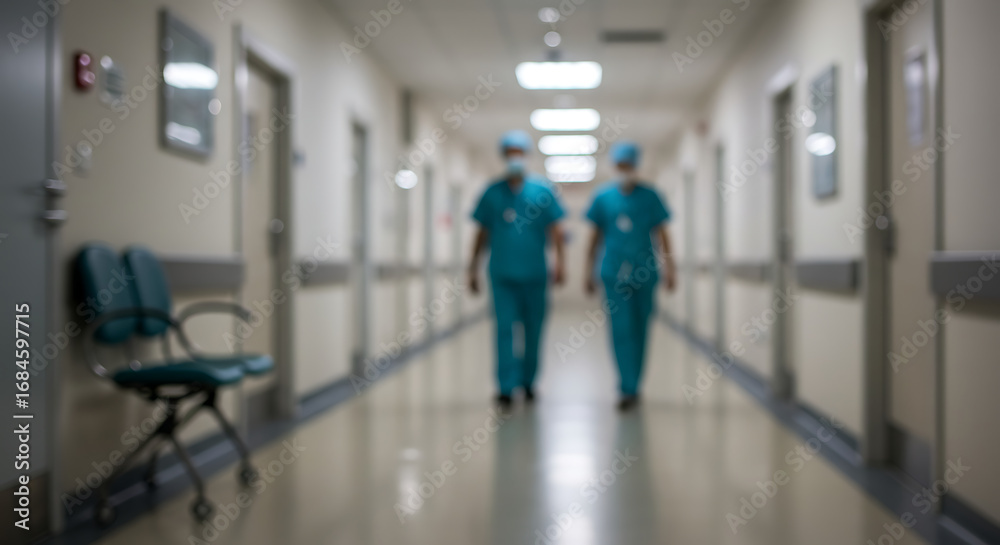 Fototapeta premium A motion-blurred view of healthcare workers in blue scrubs moving through a clinic hallway