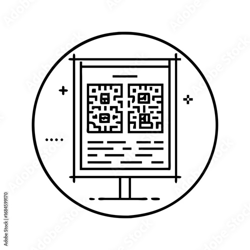 Qr code on a display stand with text and symbols icon