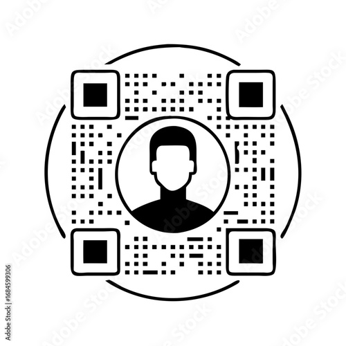 Qr code with a silhouette of a persons head and shoulders inside a circle icon