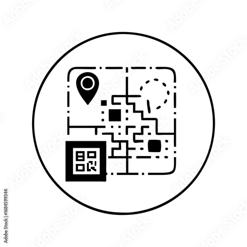 Qr code with map pin and location marker, inside a circle icon