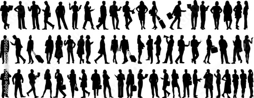 set of business people silhouettes.  Business people walking, working, talking, using mobile and laptop, travelling, reading and brainstorming. 