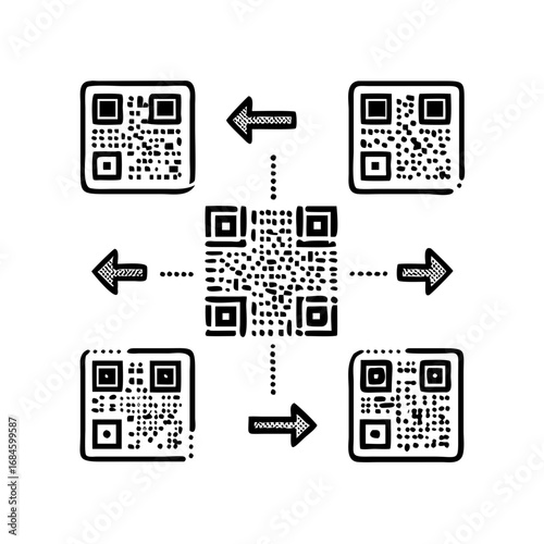 Qr codes with directional arrows connecting to a central code icon
