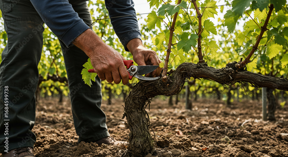 Obraz premium A vineyard worker meticulously pruning grapevines using shears.