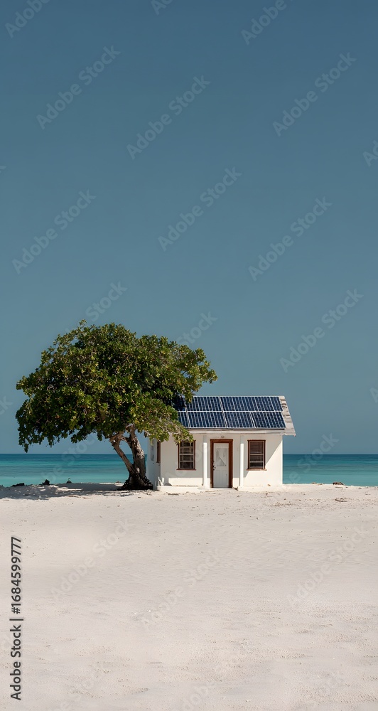 Obraz premium Minimalist white beach house with single tree on pristine sandy shore against clear blue sky in tropical paradise setting