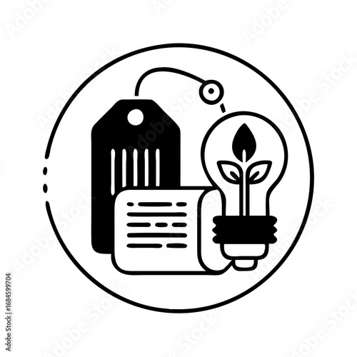 Tag and light bulb with leaves icon, representing ecofriendly product and sustainable idea icon