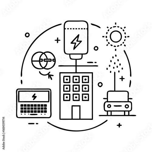 Modern building with solar panel, electric car, and laptop, representing renewable energy and smart technology icon