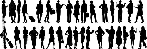 business people standing silhouettes, walking, talking, working using laptop and mobile. 